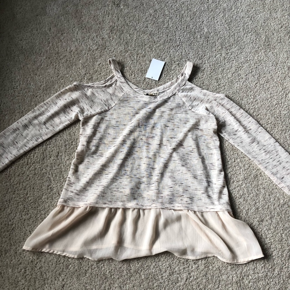 heather tan sweater with sheer material